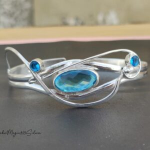 Blue Topaz Bangle: Handmade 925 Sterling Silver Adjustable Bracelet