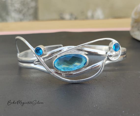 Blue Topaz Bangle: Handmade 925 Sterling Silver Adjustable Bracelet