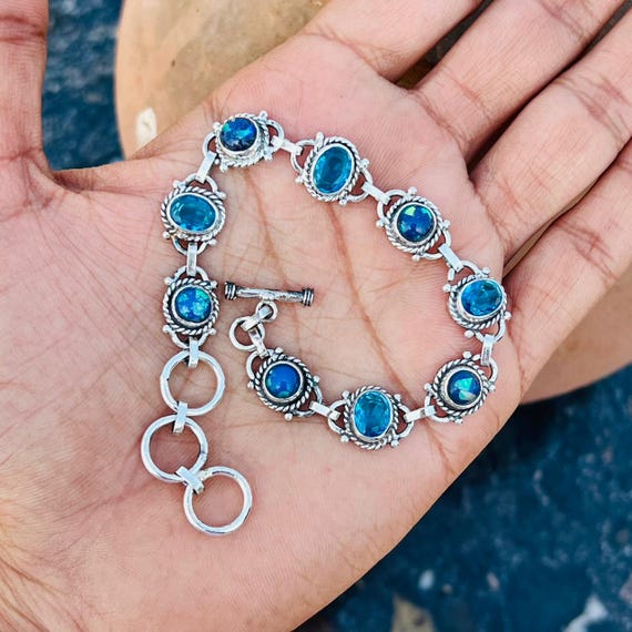 Blue Topaz Gemstone Bracelet, Handmade Jewellery, 925 Sterling Silver, Designer Bracelet