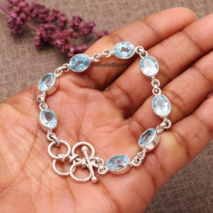 Blue Topaz Bracelet: Natural Gemstone, Sterling Silver Chain