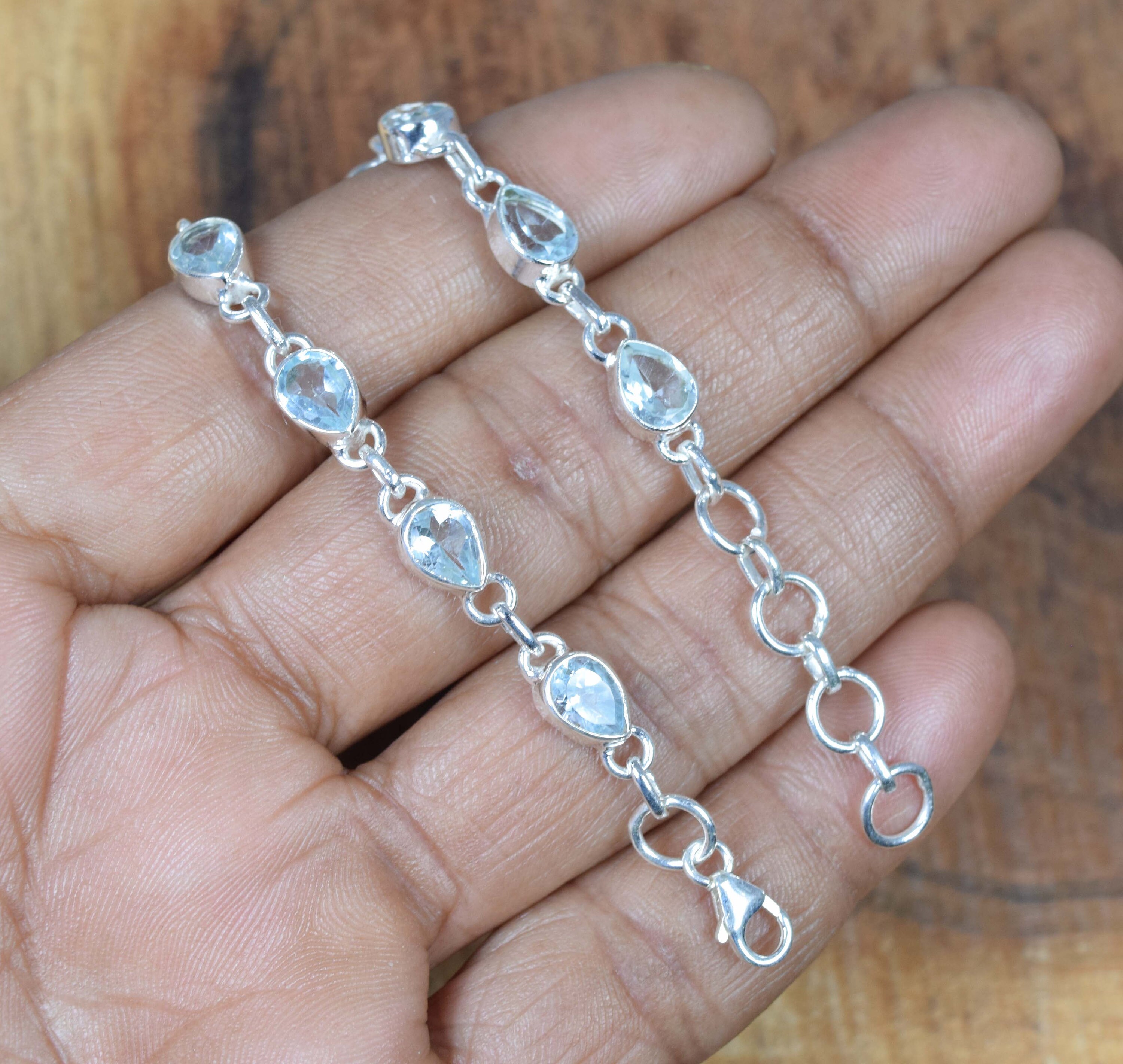 Blue Topaz Sterling Silver Bracelet: Faceted Gemstone, Adjustable, November Birthstone