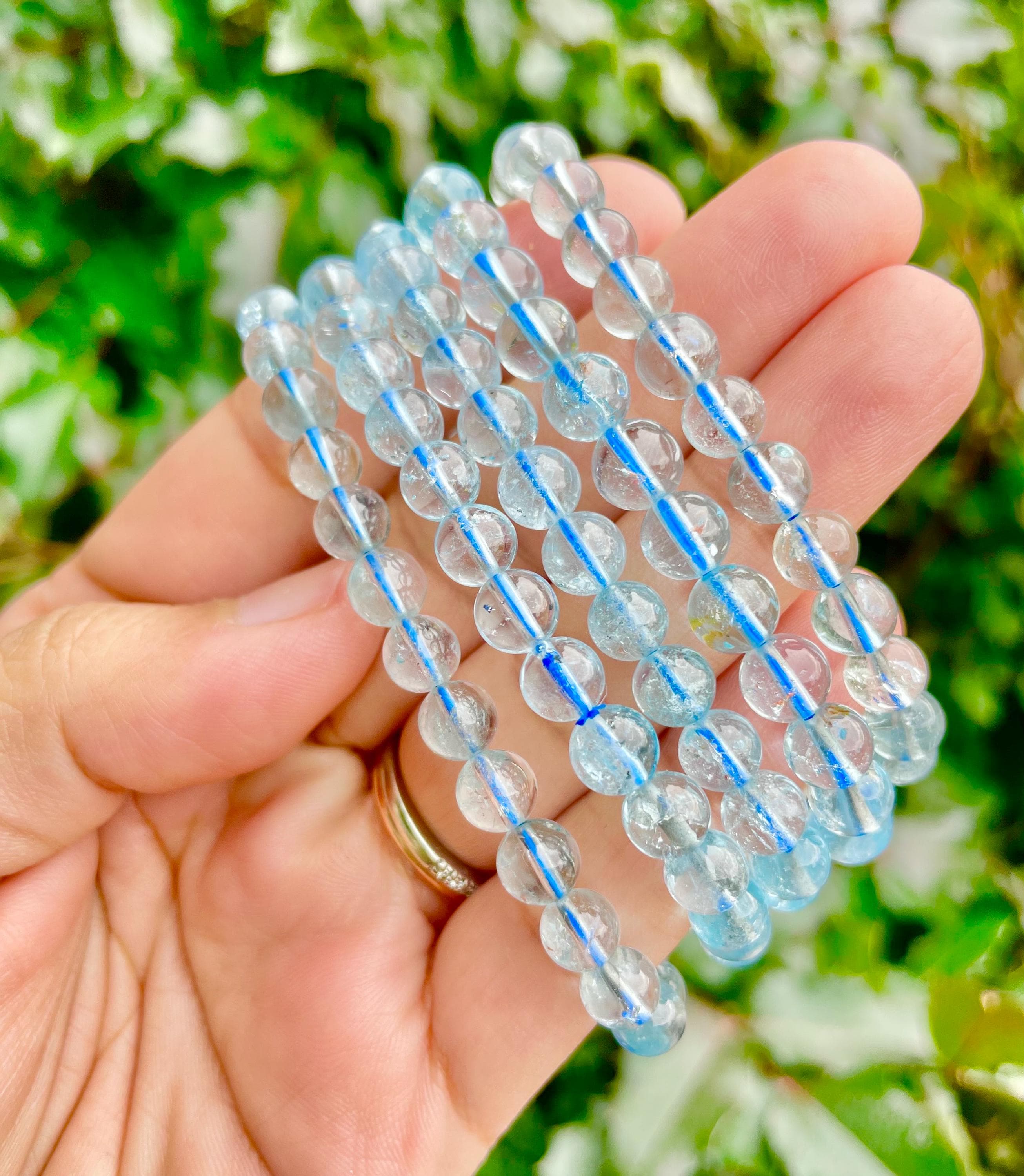 Clear Blue Topaz Crystal Bracelet: Round Gemstone Bead Bracelet