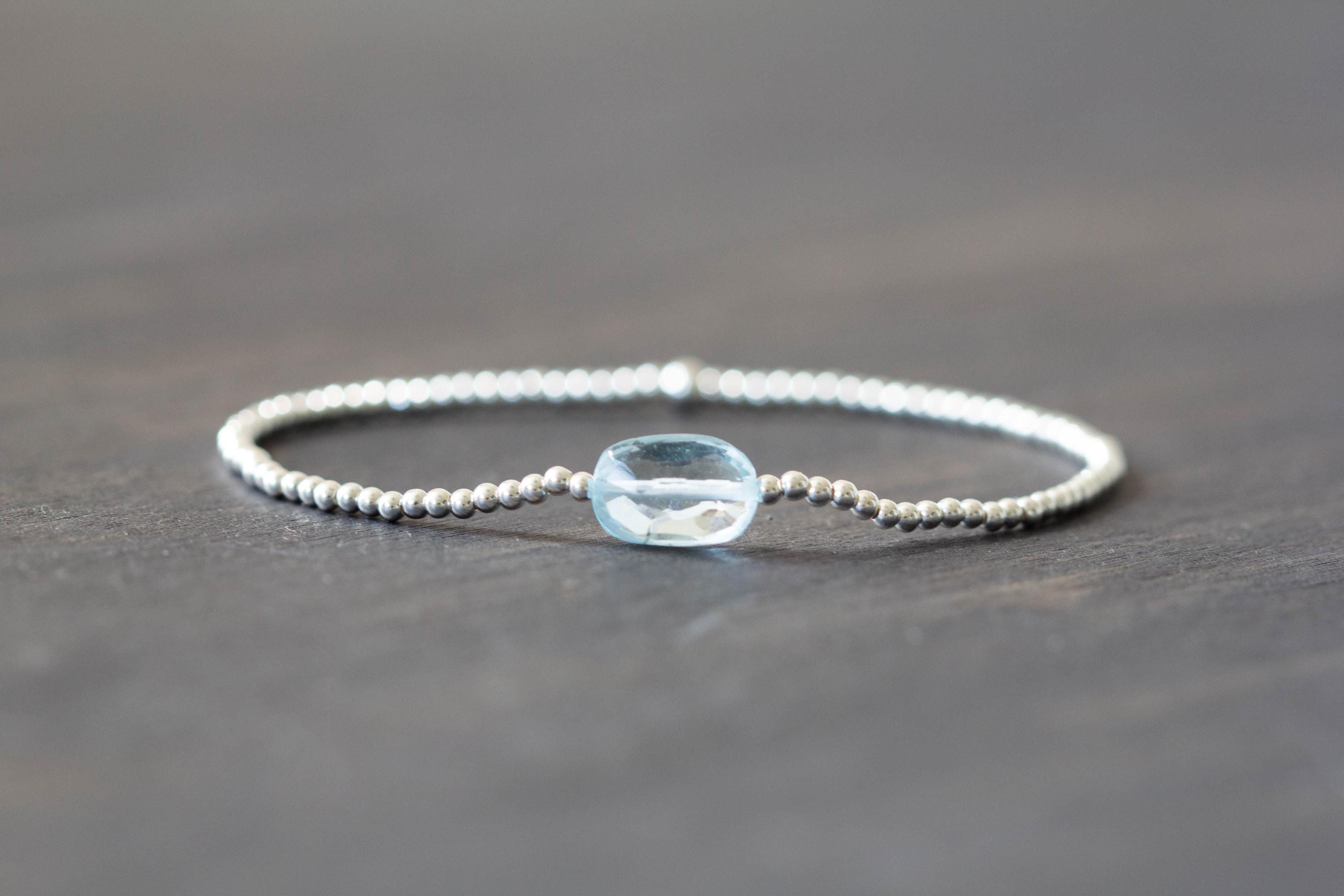 Dainty Blue Topaz Stretch Bracelet, Sterling Silver Or Rose Gold Filled, Ultra Delicate Faceted Beaded Blue Gemstone Jewelry