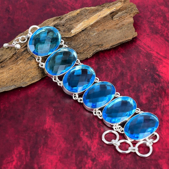 Faceted Blue Topaz Bracelet, 925 Sterling Silver Bracelet, Adjustable Chain Bracelet, Gemstone Bracelet, Handmade Jewelry, Anniversary Gifts