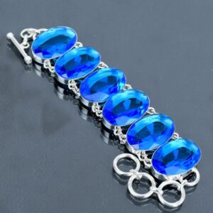 Faceted London Blue Topaz Bracelet, 925 Sterling Silver Adjustable Chain
