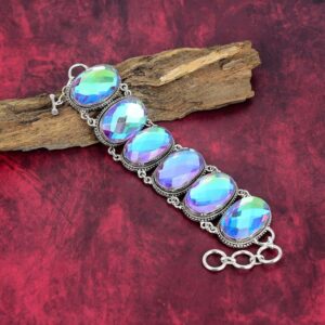 Faceted Mystic Topaz Bracelet, 925 Sterling Silver Bracelet, Adjustable Chain Bracelet, Gemstone Bracelet, Handmade Jewelry, Gift For Wife.