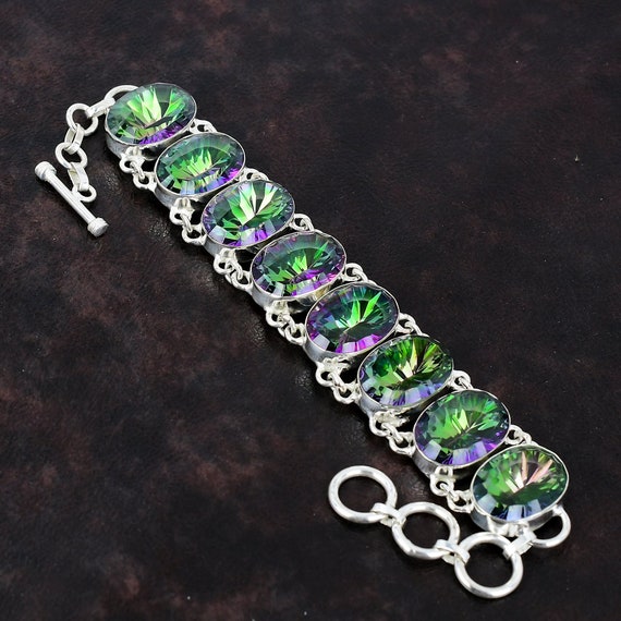 Faceted Rainbow Mystic Topaz Bracelet: Handmade Sterling Silver Adjustable Chain Faceted Rainbow Mystic Topaz Bracelet: Handmade Sterling Silver Adjustable Chain