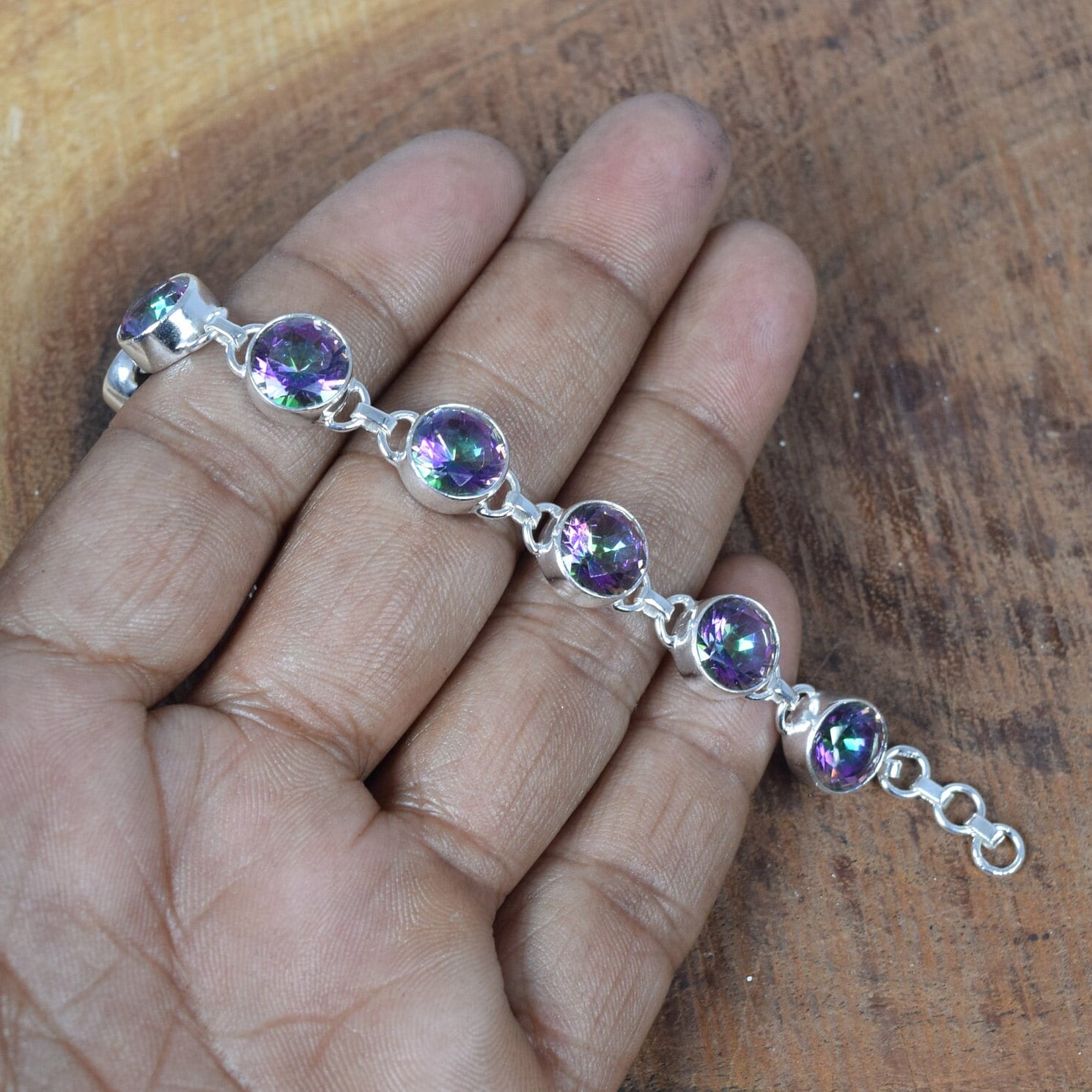 Handmade Blue Mystic Topaz Sterling Silver Adjustable Bracelet