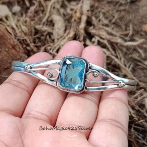 Handmade Blue Topaz Sterling Silver Bangle: Adjustable Gemstone Jewelry