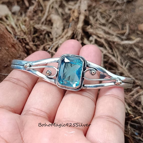 Handmade Blue Topaz Sterling Silver Bangle: Adjustable Gemstone Jewelry