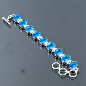 Handmade Faceted Swiss Blue Topaz Bracelet: 925 Sterling Silver Adjustable Chain