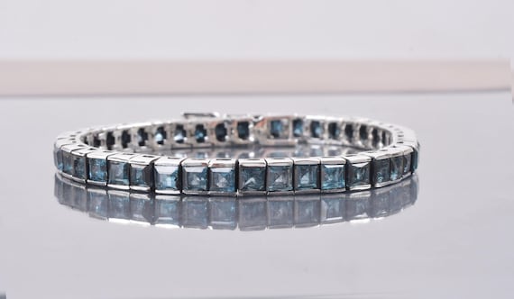 London Blue Topaz Tennis Bracelet, Sterling Silver Gemstone Line Bracelet