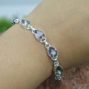 Mystic Topaz 925 Sterling Silver 10 Stone Gemstone Adjustable Bracelet