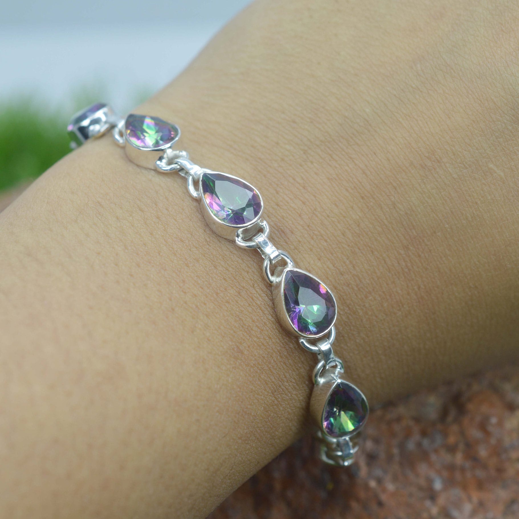 Mystic Topaz 925 Sterling Silver 10 Stone Gemstone Adjustable Bracelet