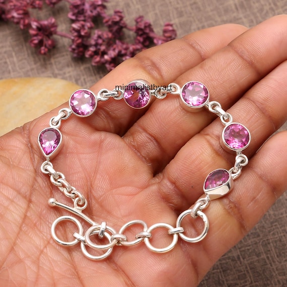 Pink Topaz Sterling Silver Bracelet, Handmade Boho Jewelry
