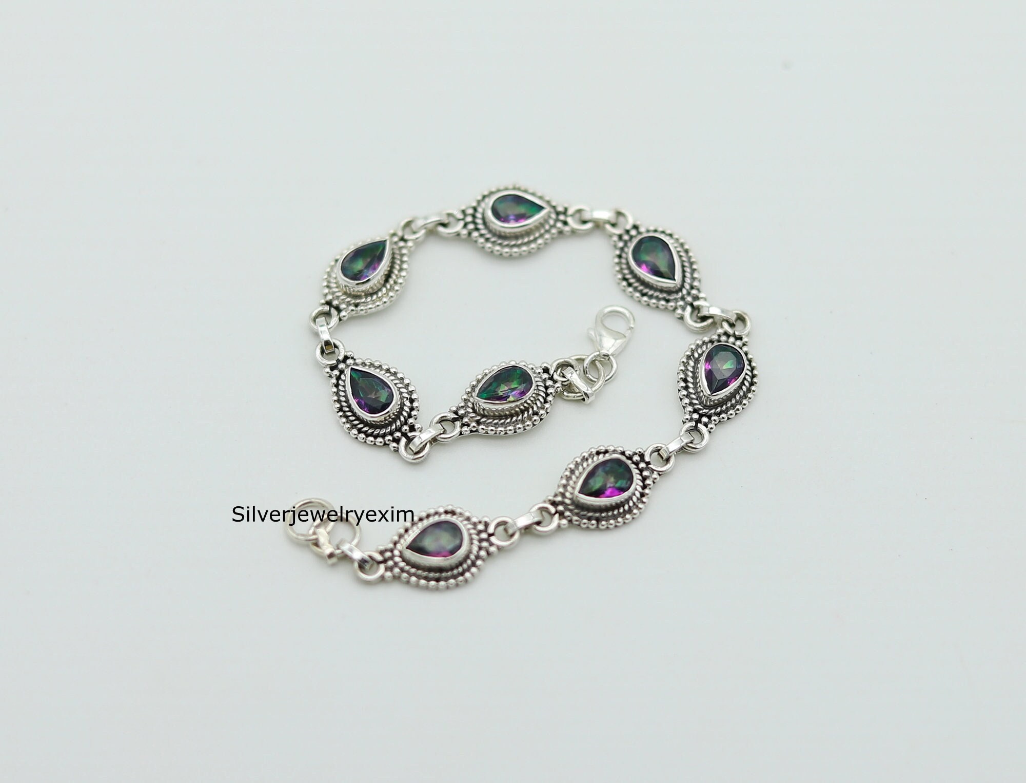 Rainbow Mystic Topaz Bracelet: Pear 925 Sterling Silver, Adjustable