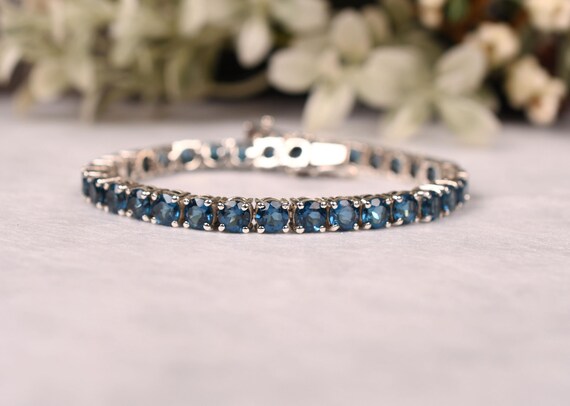 Round London Blue Topaz Tennis Bracelet, December Birthstone, Bridal Jewelry, Birthday Gifts
