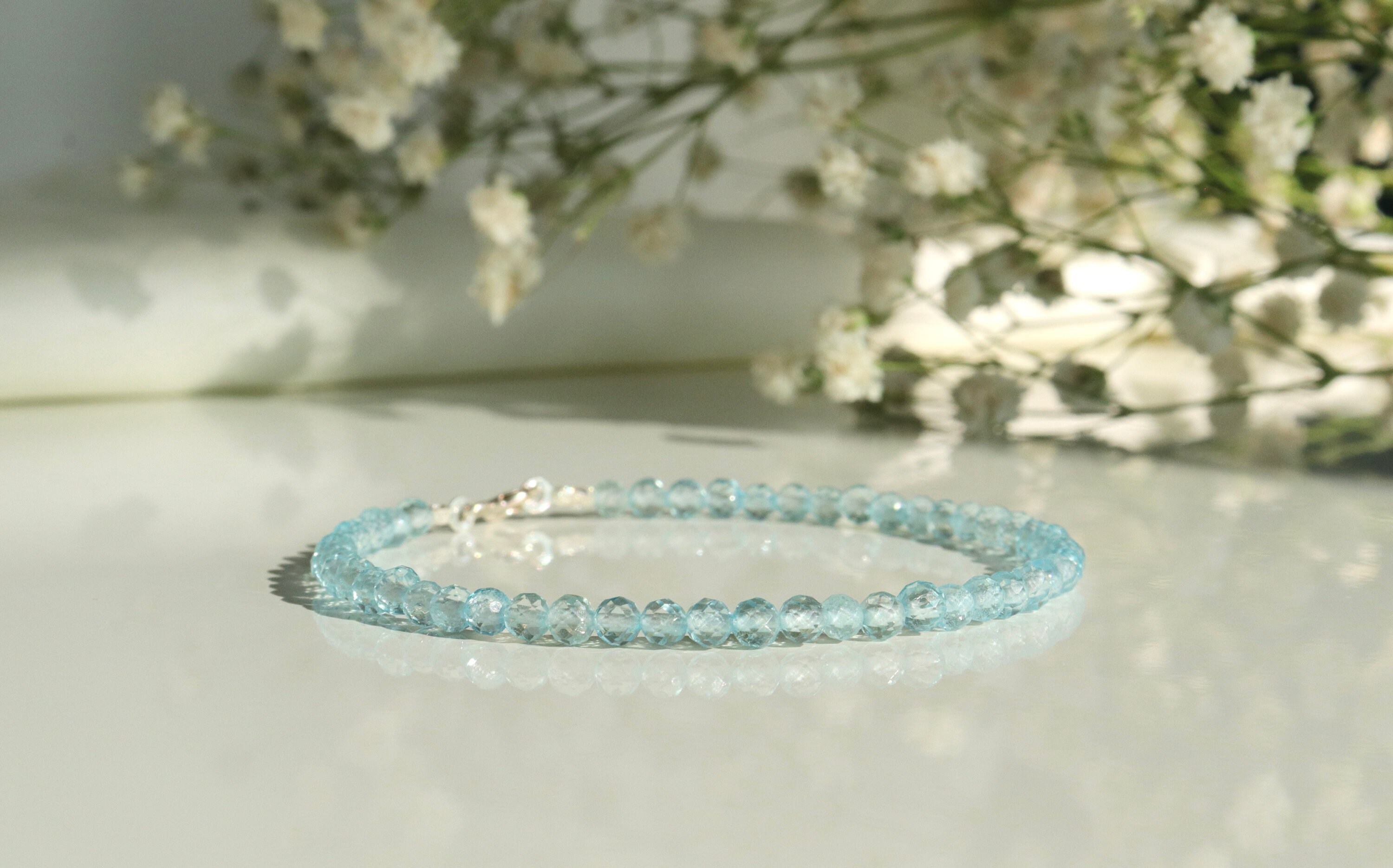 Sky Blue Topaz Bracelet, Delicate Blue Crystal Jewelry 3mm, December Birth Stone Bracelet, Gift For Her, Womens Bracelet, Genuine Topaz