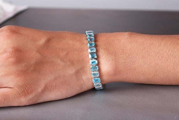 Swiss Blue Topaz Bracelet, Sterling Silver Octagon Tennis Bracelet