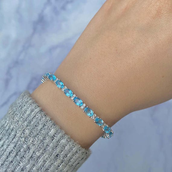 Swiss Blue Topaz, White Topaz Bracelet / 925 Sterling Silver / Rhodium Vermeil / Gifts For Her / Oval Cut / Dainty Bracelet Sbtz-sb-109.