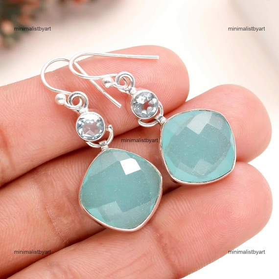 Aqua Chalcedony Drop Earrings, Blue Topaz, 925 Silver Plated