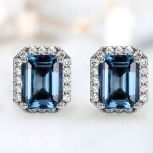 Art Deco London Blue Topaz Earrings For Women 14k Gold Blue Gemstone Stud Earrings Unique Halo Style Earrings Emerald Cut Handmade Earrings Art Deco London Blue Topaz Earrings For Women 14k Gold Blue Gemstone Stud Earrings Unique Halo Style Earrings Emerald Cut Handmade Earrings