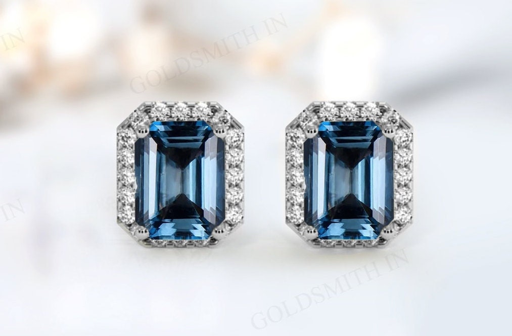 Art Deco London Blue Topaz Earrings For Women 14k Gold Blue Gemstone Stud Earrings Unique Halo Style Earrings Emerald Cut Handmade Earrings Art Deco London Blue Topaz Earrings For Women 14k Gold Blue Gemstone Stud Earrings Unique Halo Style Earrings Emerald Cut Handmade Earrings