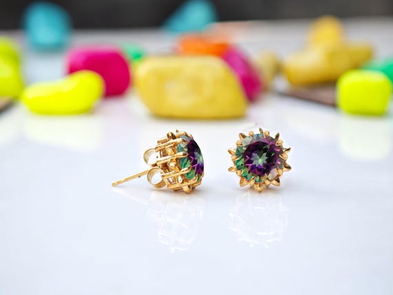 Bio Color Mystic Topaz Earrings For Women Art Deco Topaz Gemstone Studs Unique Halo Design Wedding Studs Antique Dainty Statement Earrings