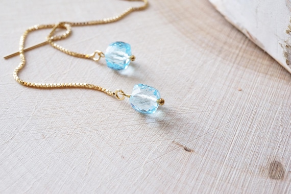 Gold Filled Blue Topaz Cube Threader Earrings: Handmade Dangle Jewelry Gold Filled Blue Topaz Cube Threader Earrings: Handmade Dangle Jewelry