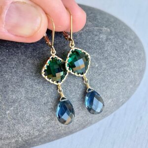 Green Quartz and Blue Topaz Earrings, Elongated Statement Earrings, Green Dangle Earrings, Elegant Peacock Colors Drop Earrings for women Green Quartz and Blue Topaz Earrings, Elongated Statement Earrings, Green Dangle Earrings, Elegant Peacock Colors Drop Earrings for women