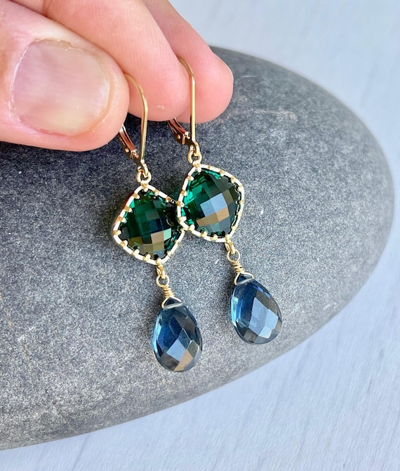 Green Quartz And Blue Topaz Earrings, Elongated Statement Earrings, Green Dangle Earrings, Elegant Peacock Colors Drop Earrings For Women