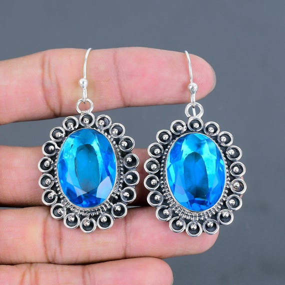 Handmade Oval Swiss Blue Topaz Earrings: 925 Sterling Silver