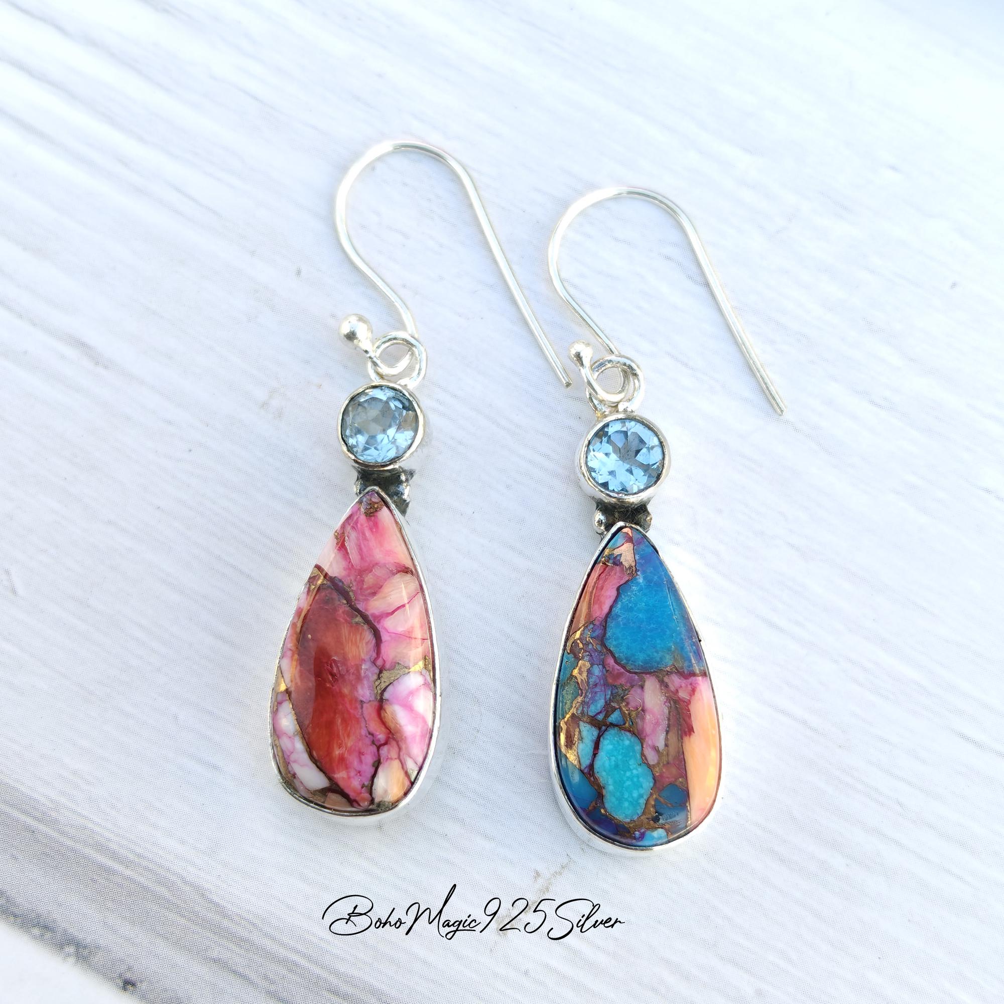 Handmade Pink Oyster Turquoise Dangle Earrings: Blue Topaz, Sterling Silver Handmade Pink Oyster Turquoise Dangle Earrings: Blue Topaz, Sterling Silver