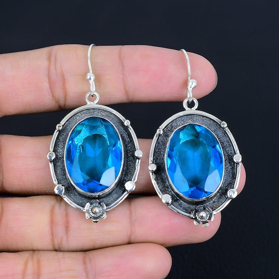 Handmade Swiss Blue Topaz Earrings: 925 Sterling Silver Drop Earrings Handmade Swiss Blue Topaz Earrings: 925 Sterling Silver Drop Earrings