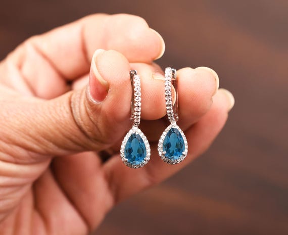 Pear Cut London Blue Topaz Dangle Earrings, Sterling Silver Bridal Jewelry