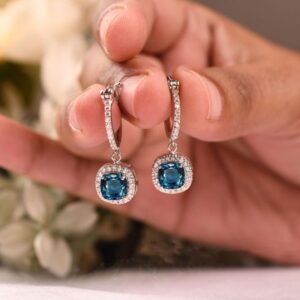 London Blue Topaz Dangle Earrings - Sterling Silver Halo, Bridal Jewelry London Blue Topaz Dangle Earrings - Sterling Silver Halo, Bridal Jewelry