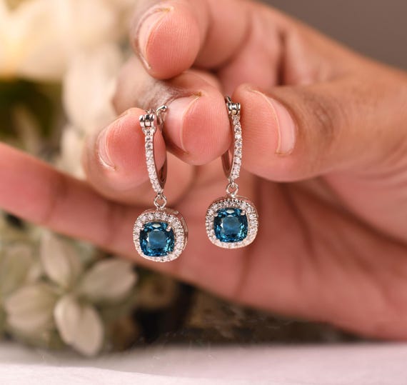 London Blue Topaz Dangle Earrings - Sterling Silver Halo, Bridal Jewelry
