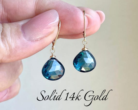 London Blue Topaz Earrings, December Birthstone, Dark Blue Teardrop Earrings In Solid 14k Gold, Real Gold Blue Topaz Jewelry, Gift For Her London Blue Topaz Earrings, December Birthstone, Dark Blue Teardrop Earrings In Solid 14k Gold, Real Gold Blue Topaz Jewelry, Gift For Her