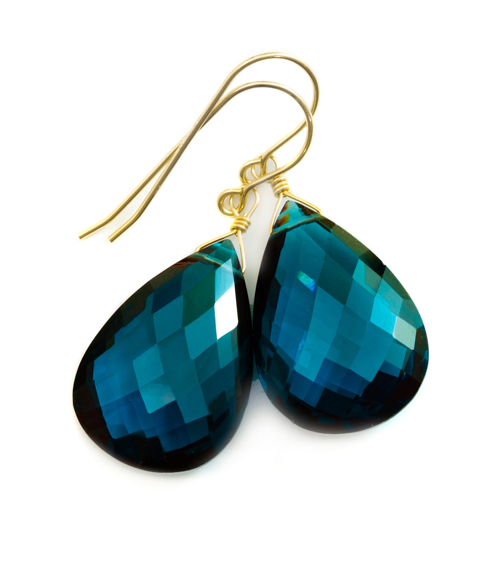 London Blue Sim Topaz Earrings Large Faceted Briolette Drops Sterling Silver Or 14k Solid Gold Or Filled Simple Classic Topaz Hot Teal