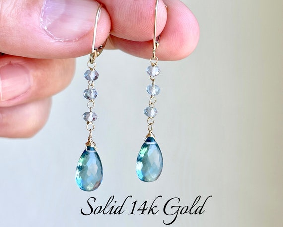 London Blue Topaz Earrings, Solid 14k Gold Blue Topaz Teardrop Dangle Drops, Elegant Beaded Jewelry Real Gold, Blue Gemstone Gift For Women London Blue Topaz Earrings, Solid 14k Gold Blue Topaz Teardrop Dangle Drops, Elegant Beaded Jewelry Real Gold, Blue Gemstone Gift For Women