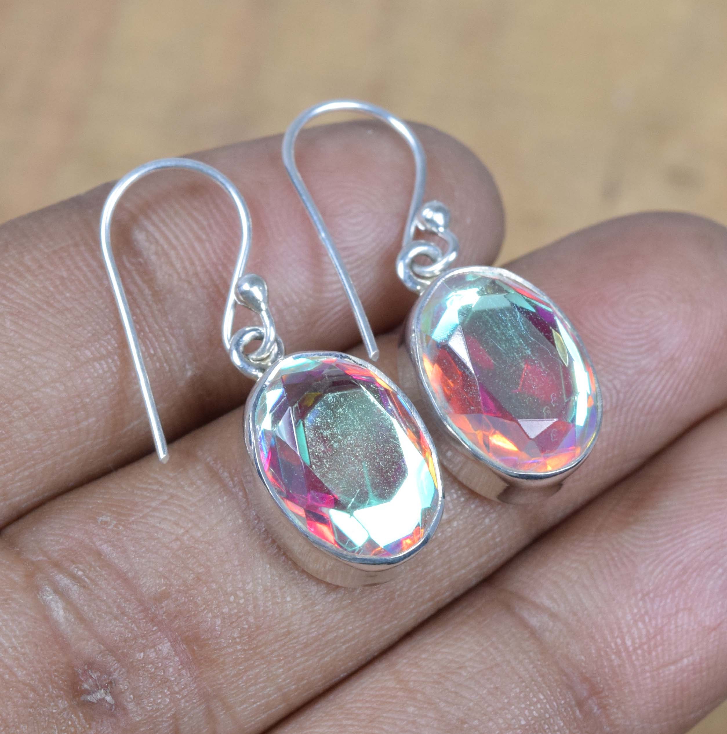 Mystic Topaz Earrings: 925 Sterling Silver Oval Gemstone Hook Earrings