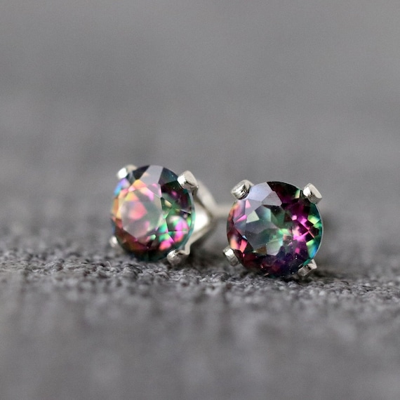 Mystic Fire Topaz Stud Earrings: Sterling Silver Or Gold, November Birthstone Jewellery Gift
