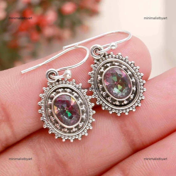 Natural Mystic Topaz Sterling Silver Earrings, Red Gemstone Dangle Natural Mystic Topaz Sterling Silver Earrings, Red Gemstone Dangle