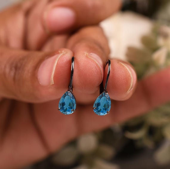 Pear Cut London Blue Topaz Dangle Earrings, Sterling Silver Bridal Jewelry