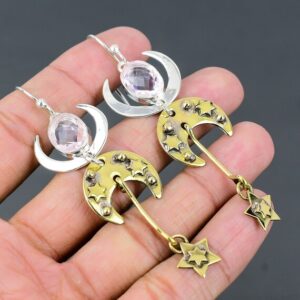 Pink Topaz Star Moon Earrings: Sterling Silver Dangle Jewelry Pink Topaz Star Moon Earrings: Sterling Silver Dangle Jewelry
