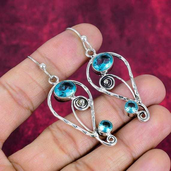 Swiss Blue Topaz Gemstone Silver Earrings, 925 Sterling Silver Handmade Bezel Set Earring, December Birthstone, Unique Style Dangle Earring