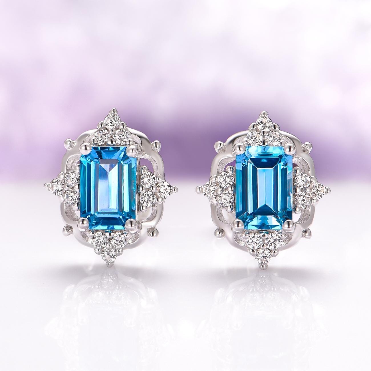 Vintage Natural London Blue Topaz Earrings- Sterling Silver- November Birthstone- Dainty Emerald Cut Topaz Earrings Anniversary Gift For Her