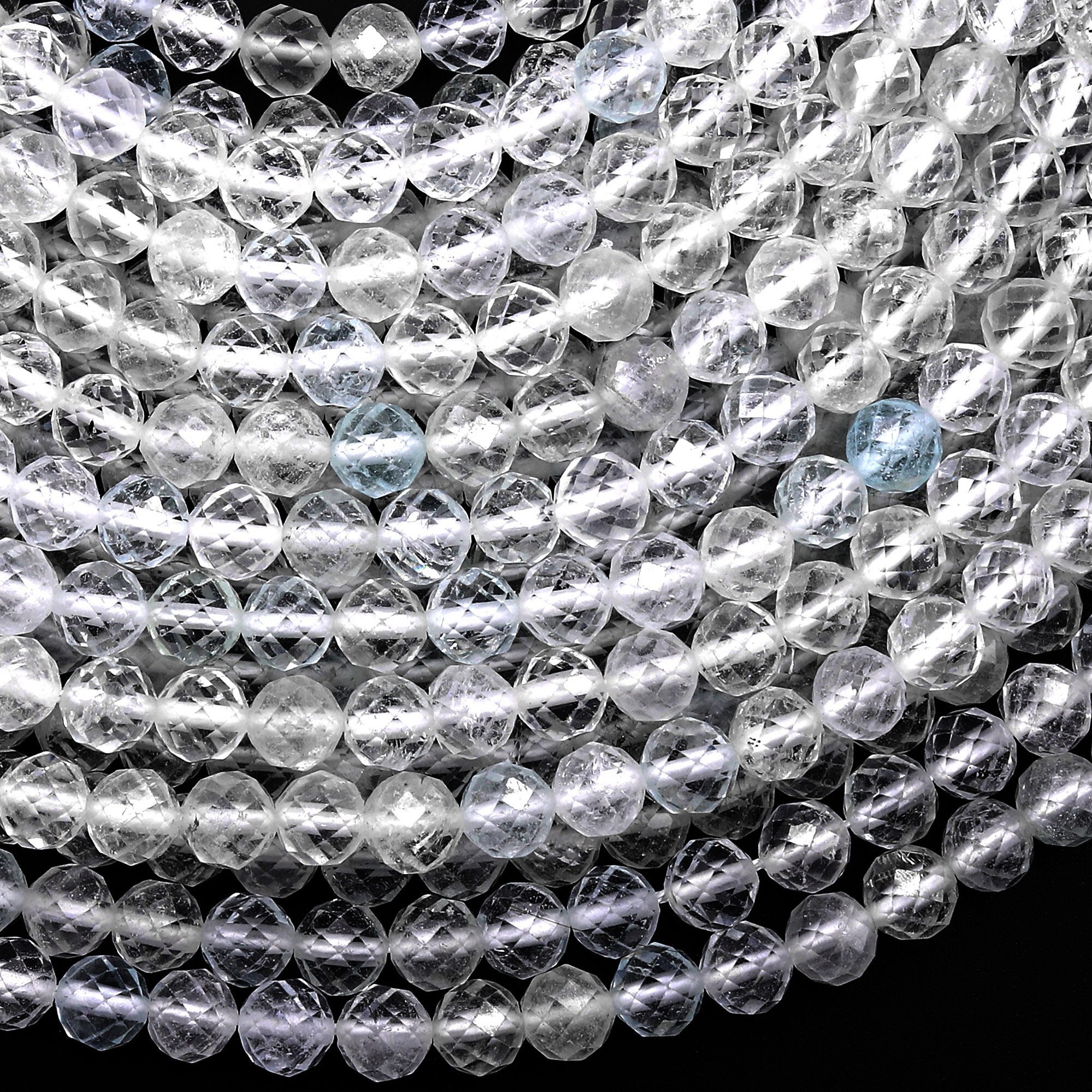 Aa Faceted Natural White Topaz 3mm 4mm Round Beads Micro Diamond Cut Gemstone Real Genuine Gemstone 15.5" Strand