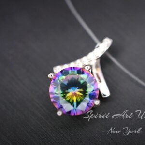 2.2 Ct Mystic Topaz Necklace - Gemstone Simple Bowknot Rainbow Topaz Sterling Silver - White Gold Plated Minimalist Rainbow Gemstone #101