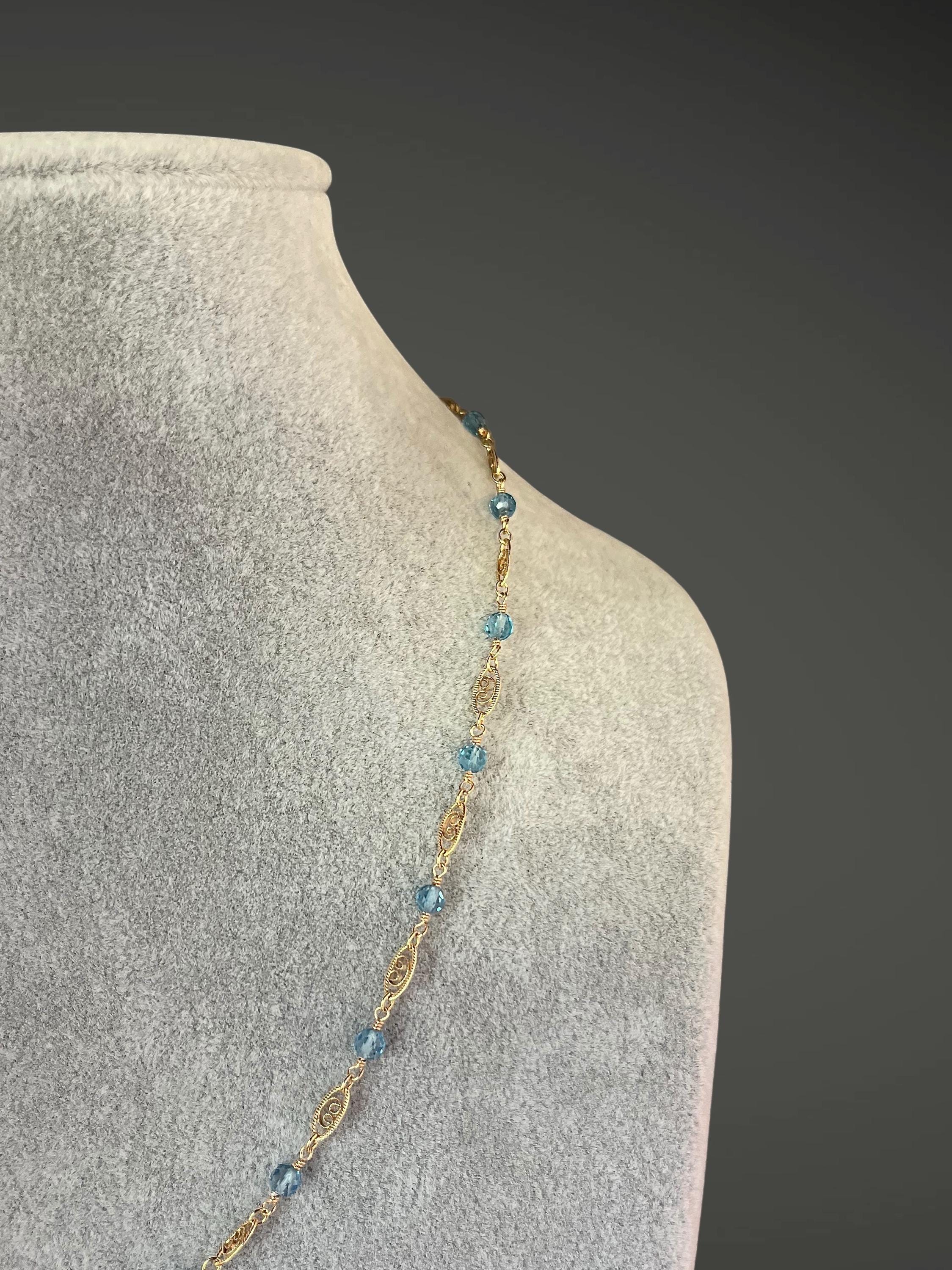 Blue Topaz And Gold Necklace - Gold Filigree Necklace - Wire Wrapped Necklace - Gold Link Necklace - 14k Gold Filled Chain - Gemstone Chain